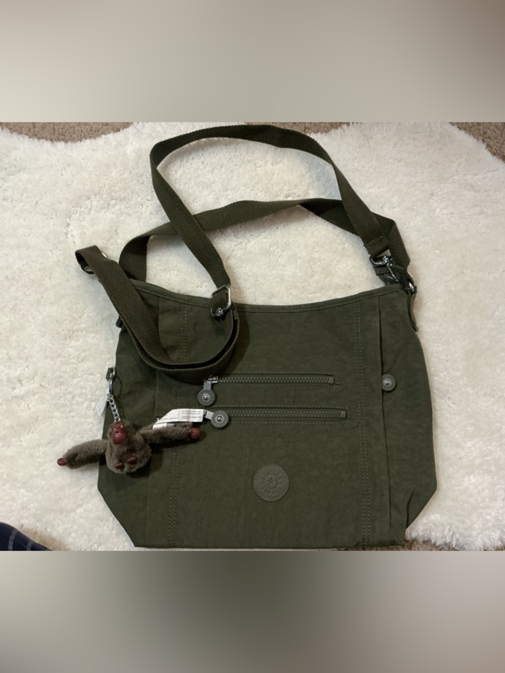 Kipling Olive Green Crossbody Messenger Bag with Monkey Charm